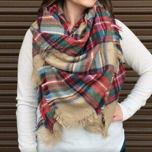 Oversized Blanket Scarf Plaid Wrap Shawl Fringe Frayed Trim Ends Women's 58"x58"